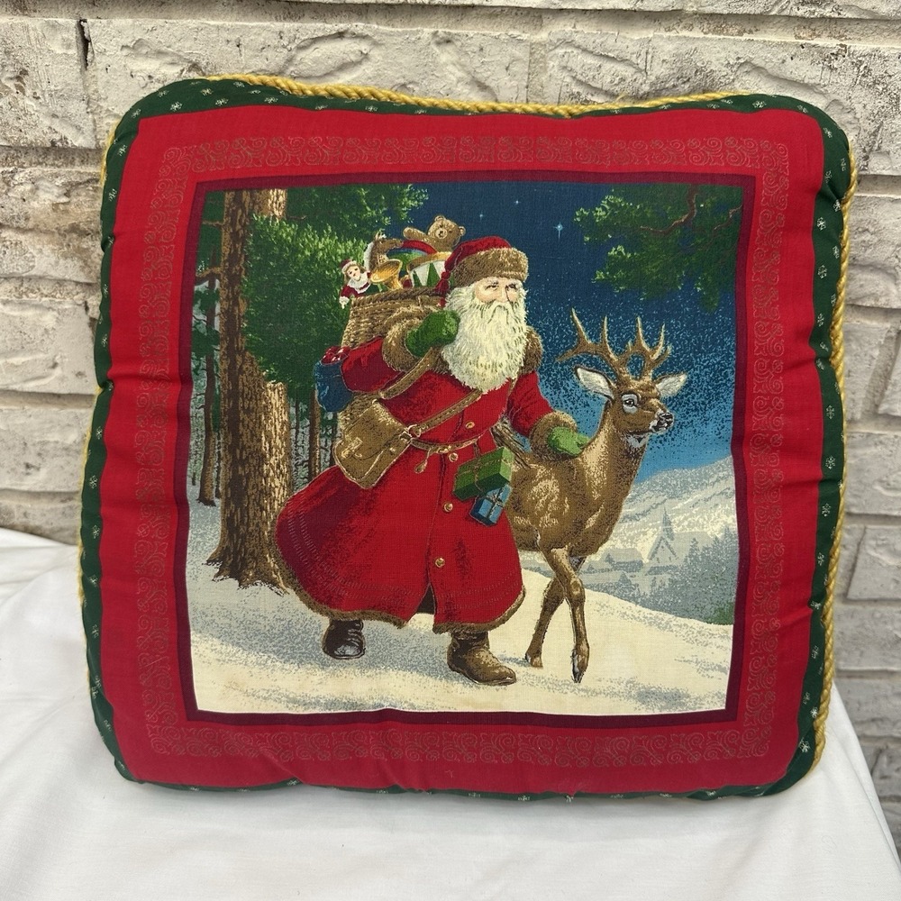 Vintage Old World Santa Claus Christmas Pillow 15x15 Snow St. Nick Holiday Gold
